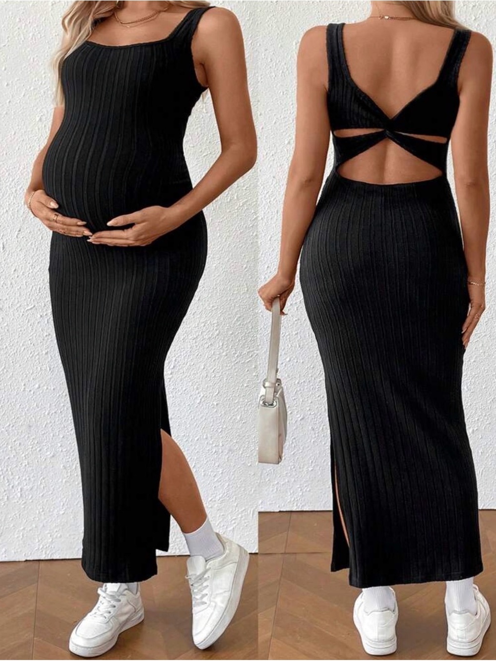 Black Ribbed Maternity Maxi Dress- Medium